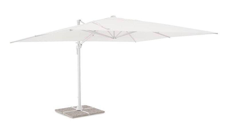 Ombrellone da giardino bianco, ideale per terrazzi e spazi esterni, resistente alle intemperie e con base stabile.