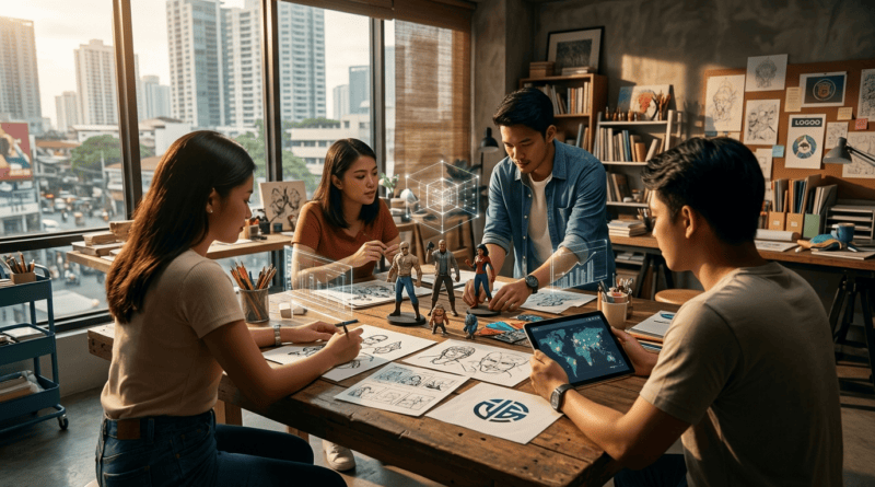 Four creators collaborate on designs in an urban workshop with Southeast Asian architecture. Sketches, 3D character models, and a data-driven tablet populate their wooden table. A glowing holographic cube, symbolizing Web3, floats in the center, representing how community effort builds tangible value and ownership.