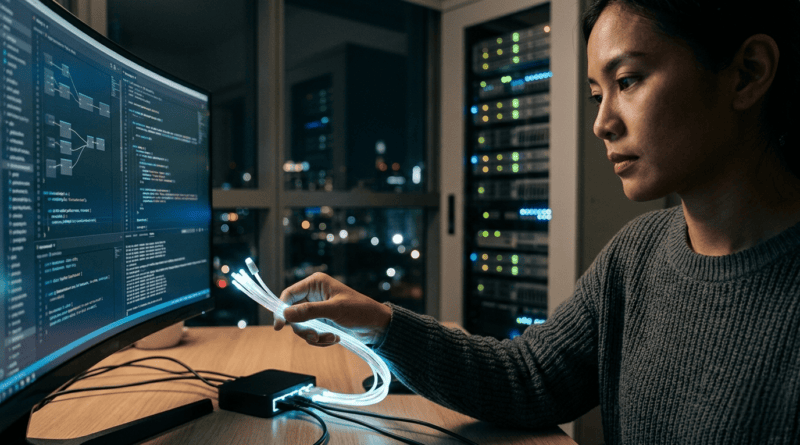 A close-up editorial photograph taken in a high-rise office at night shows a female software developer of Asian descent, wearing a dark sweater, sitting at a desk and focusing intensely on a curved computer monitor displaying complex lines of code and node diagrams. She holds a cluster of glowing, multi-colored fiber optic data cables in her left hand, which are merged into one single, thick, illuminated connection point at her fingertips, symbolizing the unification of infrastructure. The glow is cool blue and green. She is in a high-tech environment with a large server rack with blinking blue and green lights to her right, and a wide window view of a dense, blurred urban cityscape at night. The lighting is focused and dramatic, coming from the screen and the cables. The image has a cinematic realism, 16:9 aspect ratio.