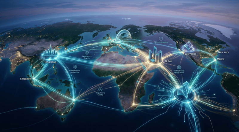 A conceptual world map with illuminated global connections, highlighting major city hubs and key themes like AI convergence and regulatory clarity.