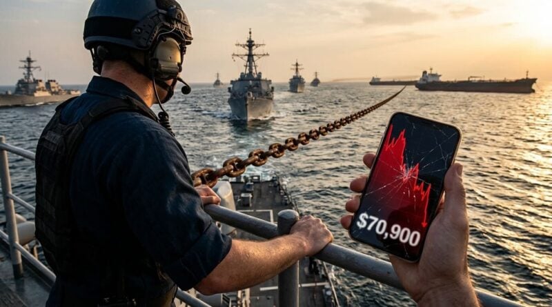 A tense scene on a naval warship over-the-shoulder perspective, showing a large rusted chain blocking the path of cargo ships. In the foreground, a first-person hand holds a cracked smartphone displaying a red stock market crash graph and "$70,900," summarizing the impact of the blockade.