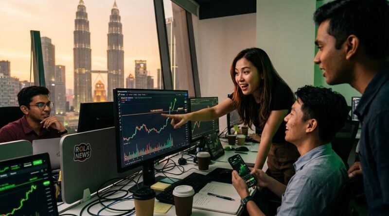 A dynamic editorial photo of a group of diverse Southeast Asian traders in a Kuala Lumpur co-working space, excitedly pointing at a vertical Bitcoin price spike on a main screen at sunset, with the Petronas Twin Towers in the background.