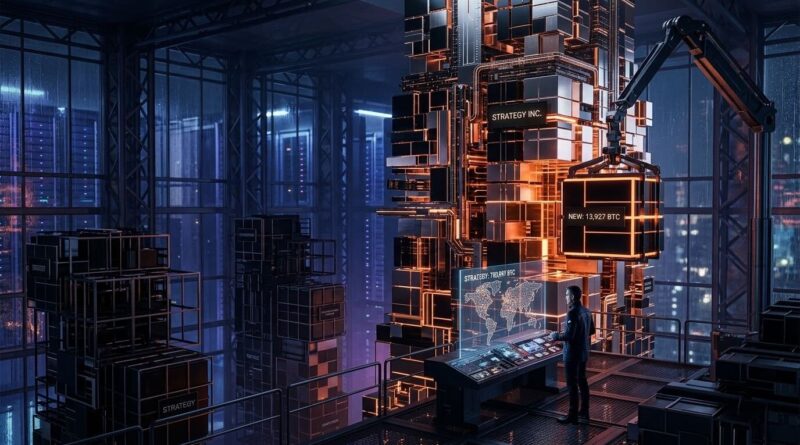 A high-tech digital data center at night, where a lone operator at a holographic console oversees a massive crane lifting a glowing cube, adding to a growing, futuristic architecture of block-like structures with data readouts for "Strategy Inc." and Bitcoin amounts.