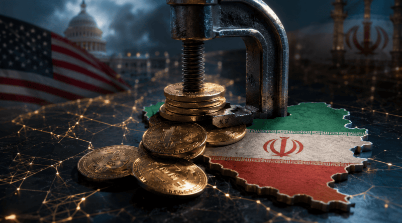 U.S. crackdown on Iranian crypto assets symbolized by a metal clamp crushing digital coins over an Iran map with blockchain network lights.