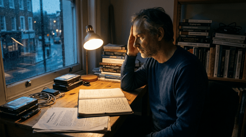 A middle-aged man in a dimly lit, cozy home office sits at a wooden desk by a rain-streaked window overlooking a twilight city street. He is deep in thought, resting his head on his hand as he looks over open notebooks, technical papers titled "Hashcash," and stacks of old hard drives. The room is filled with books on cryptography and cypherpunk philosophy, creating an atmosphere of intellectual isolation and mystery.