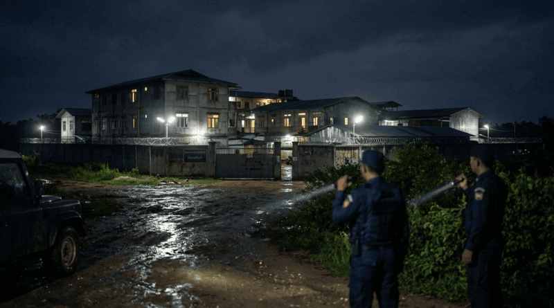 Two officers in uniforms stand on a muddy dirt road at night, shining flashlights toward a two-story institutional building complex with lighted windows, surrounded by a high perimeter wall topped with barbed wire.
