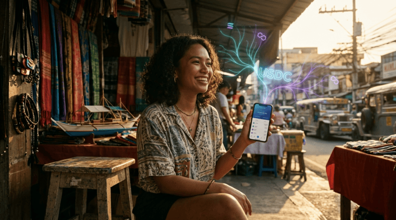 A vibrant, cinematic photo set in an outdoor market in the Philippines during the warm, golden light of late afternoon. A smiling young Filipina creator, wearing a patterned shirt and casual accessories, sits outside a textile and handcraft stall, looking off-camera. She holds up a smartphone which displays a digital wallet. Emerging dynamically from the phone are glowing, holographic lines and network nodes in teal and purple, visualizing blockchain technology. The specific logos for 'USDC', 'Solana', and 'Polygon' (stylized icons) are integrated into these digital energy lines. In the background, the street scene features people, a traditional jeepney, electrical wires, and market stalls, showing authentic local life, all bathed in soft, diffused sunlight. The depth of field is shallow, highlighting the creator and the digital interaction. The photo style is documentary but with high-end, editorial realism.