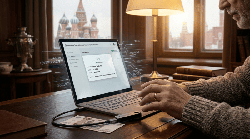An over-the-shoulder view of an elderly Russian merchant in a classic Moscow office, using a laptop to process a cross-border cryptocurrency transaction. A hardware wallet is plugged into the device, and a 500 ruble note sits on the wooden desk nearby. Through the window, the colorful domes of St. Basil’s Cathedral are visible under a cold winter sun, bridging traditional Russian setting with modern digital finance.