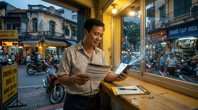 A man in a Hanoi transfer shop holds a receipt and a phone emitting digital data particles.