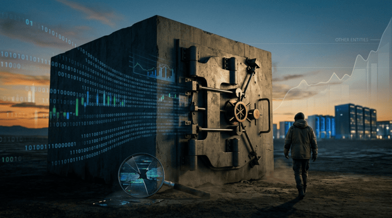 An artistic conceptual photograph depicting the conflict between the digital world of Bitcoin and the physical world. A large, antique safe stands in a desolate desert at twilight, covered in projection of glowing blue and green binary code and charts. A magnifying glass, shattered into pieces, lies on the ground nearby. A lone figure, back to the camera and wearing a jacket, walks away from the scene toward a blurred city skyline.