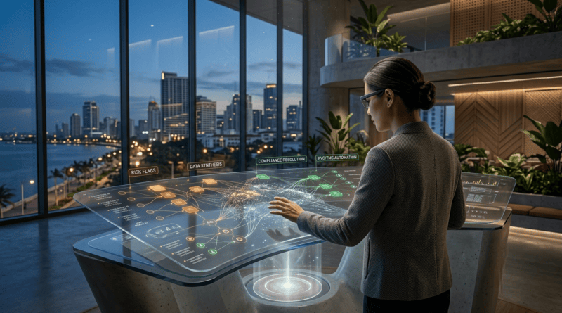 An over-the-shoulder, editorial-style photograph of a female compliance investigator interacting with a curved, translucent holographic workstation. The glass screen displays complex AI-driven data flows, highlighting nodes for machine learning data synthesis, risk flags, and automated compliance resolution pathways. The setting is a high-end corporate office in Manila during twilight, featuring expansive floor-to-ceiling windows that look out onto a softly illuminated city skyline and coastal road. The atmosphere is sharp and clinical, blending advanced data automation with focused human review.