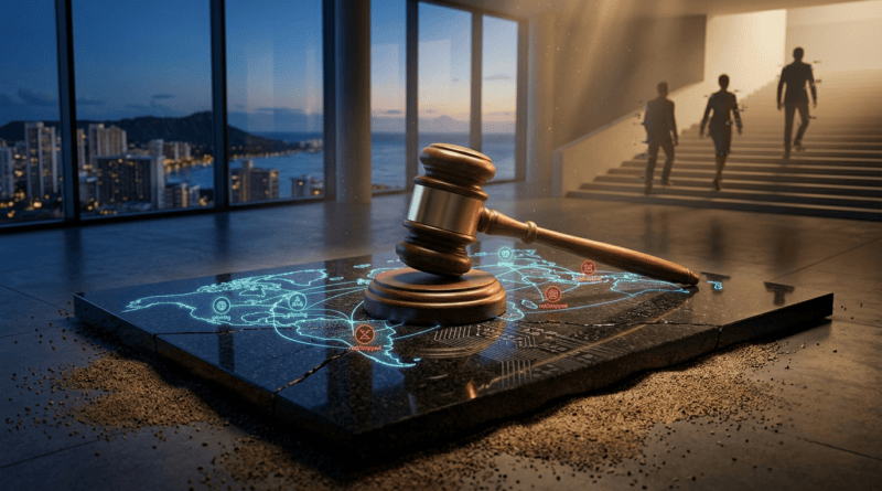 A high-end editorial conceptual photograph focusing on a heavy wooden judicial gavel resting atop a cracked, dark marble slab that features an illuminated global digital map. Red, pulsing warning nodes appear on the map across different international regions, symbolizing multi-jurisdictional regulatory actions. The setting is a minimalist, modern interior at twilight, with floor-to-ceiling windows showing a distant coastal city skyline reminiscent of Honolulu, Hawaiʻi. In the background, three silhouetted corporate figures walk up a dimly lit staircase, capturing the gravity of legal investigation and intensifying oversight.