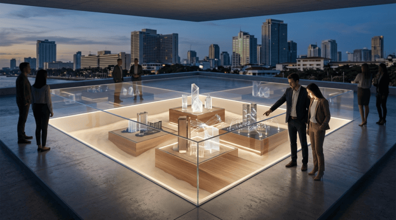 An editorial photograph of a modern, glass-walled observation deck overlooking the illuminated skyline of Manila at dusk, symbolizing the regulated 'SEC sandbox' environment. Two business professionals, a man and a woman in tailored suits, stand over a large, illuminated display table. Inside the glass-encased table, glowing holographic miniature structures of buildings and digital networks are under development within real sand, representing crypto asset intermediary technology. The scene has a high-tech, cinematic quality with soft ambient light, capturing a moment of serious analysis and collaboration. Other professionals are blurred in the background, out of focus. The focus is sharp on the central display and the foreground subjects. The mood is sophisticated, focused, and futuristic but grounded in a specific city environment.}
