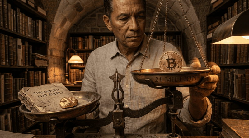 An editorial-style, close-up photograph of an older Southeast Asian macro trader in a dimly lit, historic stone archives room filled with floor-to-ceiling bookshelves. The man thoughtfully operates a heavy, vintage brass balance scale. On the right pan, which is tipped down in favor, sits a pristine, gleaming gold Bitcoin coin engraved with "21 MILLION". On the left pan rests a weathered piece of parchment reading "UNLIMITED FIAT SUPPLY" alongside a raw gold nugget. The scene is illuminated by warm, dramatic low-key lighting from a brass desk lamp, creating an atmosphere of meticulous evaluation and financial philosophy.