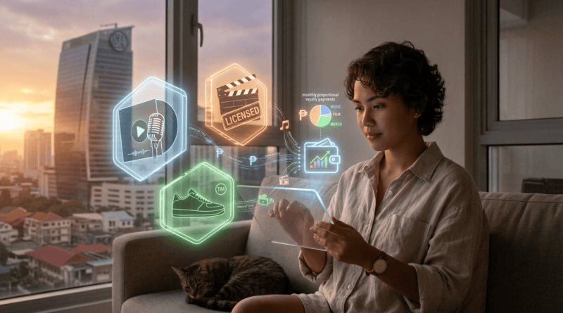 A young woman sits on a couch in a high-rise apartment at sunset, interacting with a futuristic, holographic interface floating above a transparent tablet. The interface displays glowing digital icons representing music (a microphone and record), film (a clapperboard), and merchandise (a sneaker and TM logo). Data streams connect these asset icons to a digital wallet graphic. A cat is curled up next to her, and the windows show an urban skyline featuring an SM building, suggesting a location in the Philippines. The scene visualizes a modern concept of digital asset management or investing.