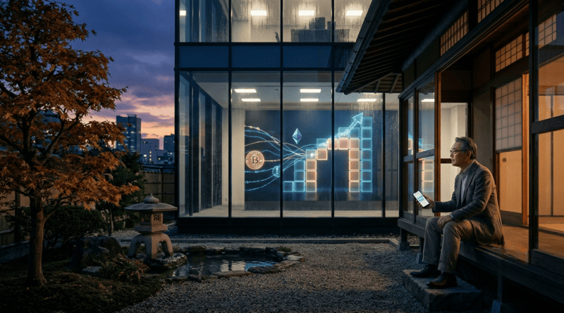 A hybrid editorial image showing a mature Japanese investor sitting on the porch of a traditional house with a stone garden at dusk. He is looking at his smartphone, which displays a financial app. Adjacent to the house is a modern glass office building, inside of which a large glowing digital display shows abstract financial charts, a rising bar graph, and floating holographic symbols of Bitcoin and Ethereum. The scene blends traditional Japanese architecture with advanced digital finance under a cinematic twilight sky.