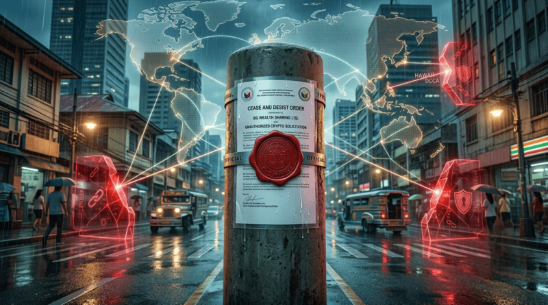 An editorial-style photograph looking down a wet, rain-slicked street in Manila during the evening. A central concrete pillar features a large, red wax seal clamping down an official document titled “CEASE AND DESIST ORDER” directed at “BG WEALTH SHARING LTD.” Above the pillar, a glowing digital world map shows glowing red lines connecting Manila to Hawaii and other international hubs, indicating broader scrutiny. The street scene includes distinct Filipino elements such as jeepneys and pedestrians with umbrellas, all illuminated by dramatic, warm streetlights and red abstract digital blocks that visually obstruct certain cross-border connections.