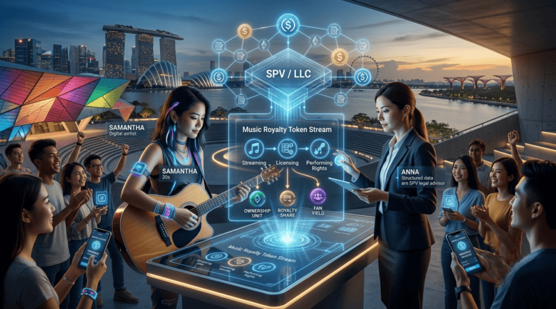 A high-end editorial, wide shot depicting a hybrid Web3 music concept set against the modern Southeast Asian skyline of Marina Bay, Singapore during sunset. In the center, a young female musician plays an acoustic guitar over a sleek, holographic interactive table that displays an illuminated, translucent flowchart tracking "Music Royalty Token Streams" from streaming, licensing, and performing rights. To the right, a professional legal advisor in a sharp blazer interacts with the digital interface, which highlights secure "SPV / LLC" wrappers and blockchain nodes. Surrounding them, an engaged group of young fans and investors hold smartphones displaying digital wallets with stablecoin balances, illustrating a collaborative, real-time fan economy. The lighting is cinematic, casting vibrant reflections across the modern outdoor pavilion.