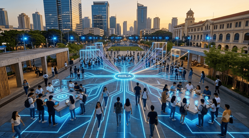 An elevated, wide-angle hybrid photograph of a modern public plaza in Manila during golden hour, surrounded by contemporary skyscrapers and historic architectural buildings. On the plaza ground, an overlaid, glowing circuit-board network map of light radiates outwards from a central hub to connect diverse groups of young adults, students, and creators. The individuals are actively interacting with tablets and smartphones, which display floating, transparent holographic icons representing digital art pieces, music tracks, tokens, and intellectual property nodes. The scene captures a collaborative, decentralized ecosystem that visually merges real-world community spaces with a digital ownership economy.