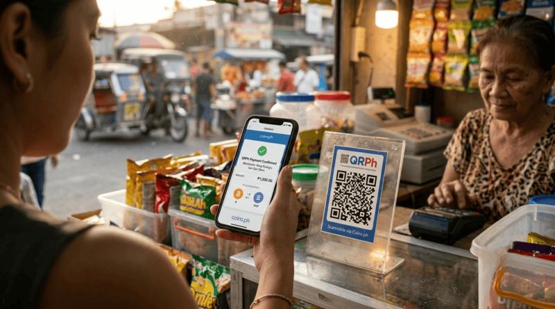 A close-up, over-the-shoulder photograph in a bustling Manila marketplace shows a hand holding a smartphone scanning a QRPh code on a small plastic stand at a sari-sari store counter. The phone screen displays a successful transaction confirmation interface, showing a dynamic conversion of Bitcoin (indicated by a subtle icon on the screen near the QR) into Philippine Pesos for a merchant payment. The background shows a lively Philippine market scene at golden hour.