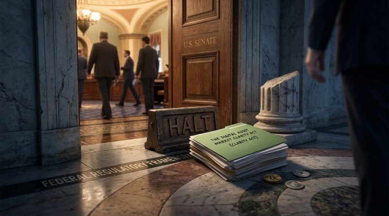 A low-angle, editorial photograph capturing the symbolic defeat of a crypto bill outside a Senate doorway. On a patterned marble floor in a dimly lit hallway, a green file folder labeled "THE DIGITAL ASSET MARKET CLARITY ACT (CLARITY ACT)" sits blocked by a heavy, metal traffic barrier inscribed with the word "HALT". Beside it, several loose cryptocurrency physical tokens, including Bitcoin and Ethereum, lie near a small, broken marble column fragment. On the floor, a path labeled "FEDERAL REGULATORY FRAMEWORK" is visibly obstructed. Through an open wooden door marked "U.S. SENATE", blurred senators and aides in suits are seen walking away into a lit chamber. In the extreme foreground on the right, the blurred suit trouser leg of a figure stands observing. The lighting is cinematic and dramatic, emphasizing textures of old stone, metal, and wood.