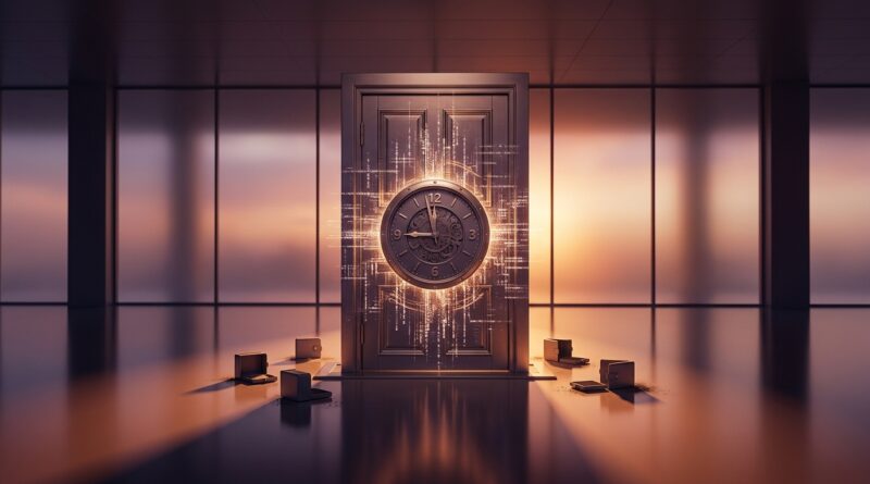 A high-end conceptual visual representing a crypto exchange shutdown, set in a spacious, dimly lit modern hall during a golden-hour sunset. At the center stands a closed metallic vault door embedded with a glowing clock face surrounded by dissolving digital particle streams, symbolizing a ticking deadline. On the reflective floor around the door lie several open, empty physical wallet cases, representing drained funds and asset withdrawals. Warm, cinematic sunlight streams through large background glass panels, contrasting dark shadows and metallic reflections to highlight the theme of closure and finality.