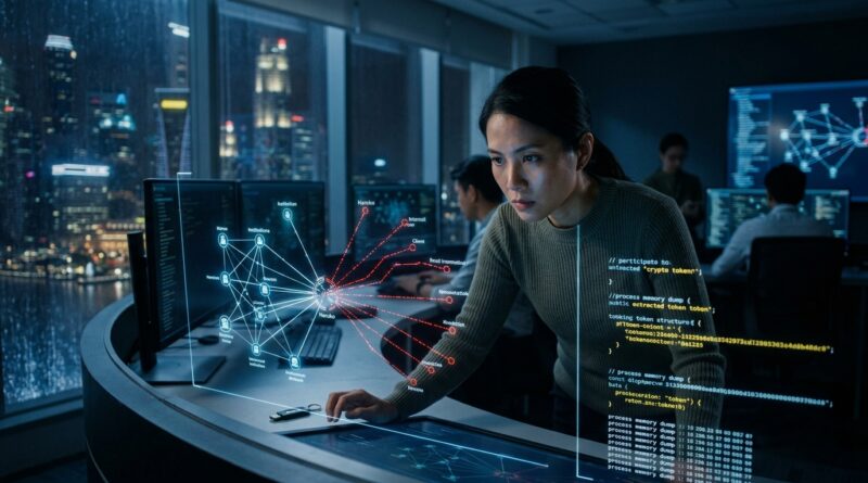 An editorial-style photograph taken inside a Singapore cybersecurity center at night, showing a female analyst intently examining a complex data network visualization on a curved glass console. The display maps the Haruko cyberattack, showing 15 affected client nodes linked to a central compromised hub by broken, red data lines. Flowing digital code on a nearby holographic overlay highlights extracted access tokens. Through the large window behind her, a bustling city skyline is visible under a rain-slicked sky. The cinematic lighting emphasizes the tension and high-stakes nature of the digital crisis.