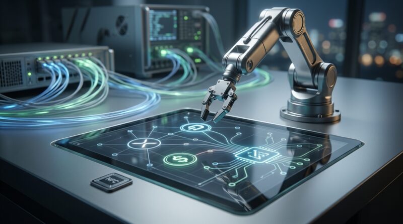 A high-tech conceptual photograph featuring an automated robotic arm interacting with a sleek, illuminated touch pad on a lab console at night. The digital screen displays glowing circuit patterns and interconnecting transaction nodes representing machine-to-machine AI payment protocols. In the background, server hardware with illuminated fiber-optic cables and a blurred urban cityscape evoke autonomous, infrastructure-driven digital finance.