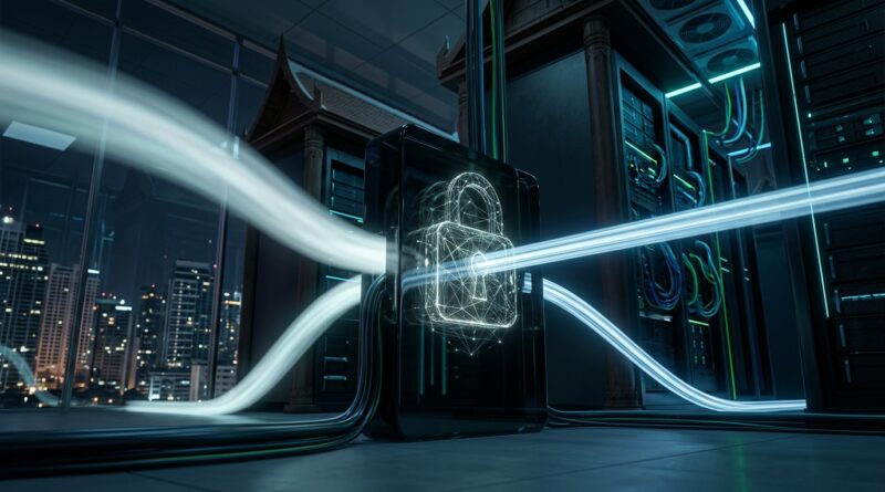 A high-end conceptual photo set inside a modern server data center at night with subtle Southeast Asian architectural elements in the background, featuring a sleek, dark metallic node box in the foreground. Glowing streaks of light representing transaction data pass through a translucent, holographic padlock grid on the box, symbolizing encrypted APT balances and confidential transfers on the Aptos network. The city skyline is softly visible through floor-to-ceiling glass windows under cinematic, cool-toned lighting.