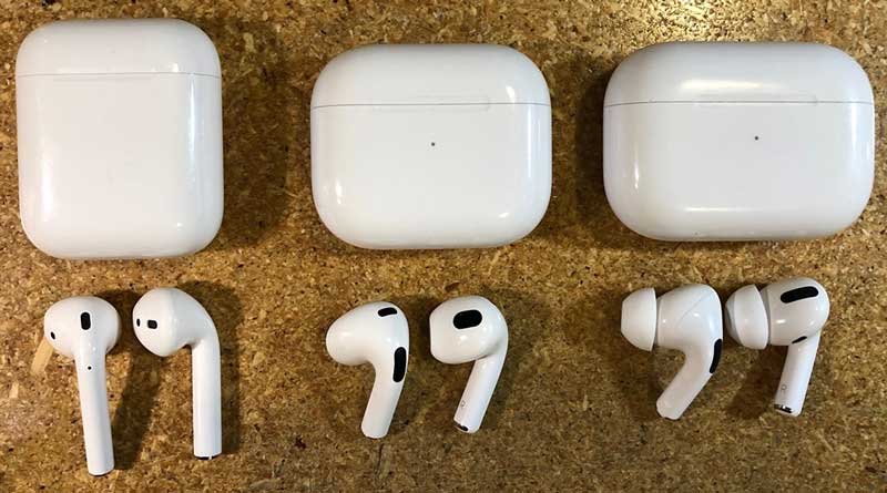 Сравнение наушников Apple: AirPods (3-го поколения), AirPods (2-го поколения) и AirPods Pro 1 Слева направо AirPods второго поколения, AirPods третьего поколения и AirPods Pro
