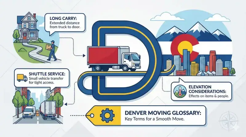 Digital illustration of a moving truck driving on a road shaped like the letter D, set against the Denver skyline and mountains. Speech bubbles surround the truck defining common moving terms like 'Long Carry,' 'Shuttle Service,' and 'Elevation Considerations'.