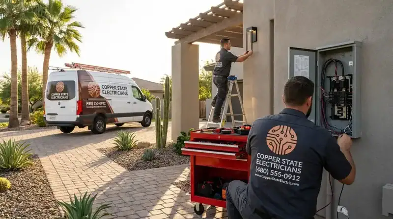 At a residential construction site in a sunny desert neighborhood, a team of builders from “Apex Valley Builders” works on framing a new home. One worker kneels on a concrete slab using a level to align framing, while others install wooden trusses and wall panels using ladders and tools. Lumber, gravel, and construction materials are organized around the site. A branded company van is parked nearby, and neighboring homes with tile roofs and palm trees highlight the southwestern setting and ongoing development.