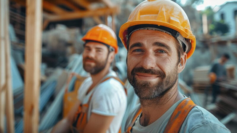 Two engineers in hard hats at work