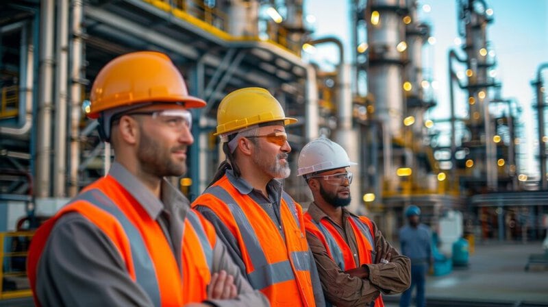 Worker in a safety helmet and vest at an industrial facility