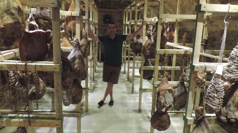 In the ham cellar in Etyek seeing how the meat matures for months before releasing