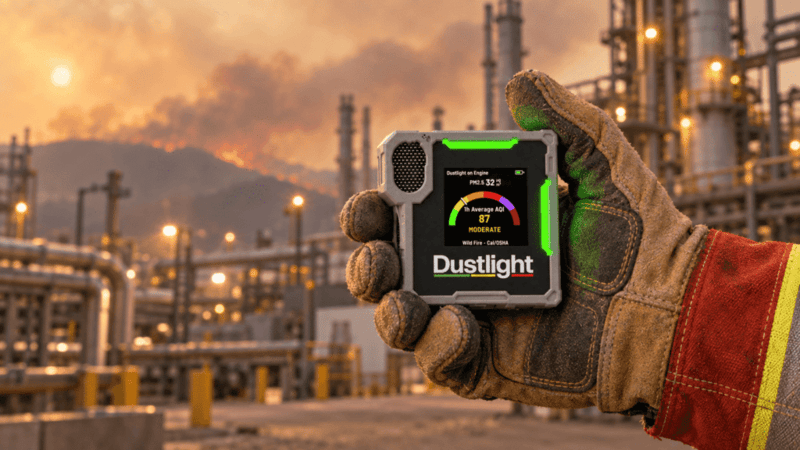 Dustlight with PM2.5 display showing wildfire smoke in front of an industrial facility