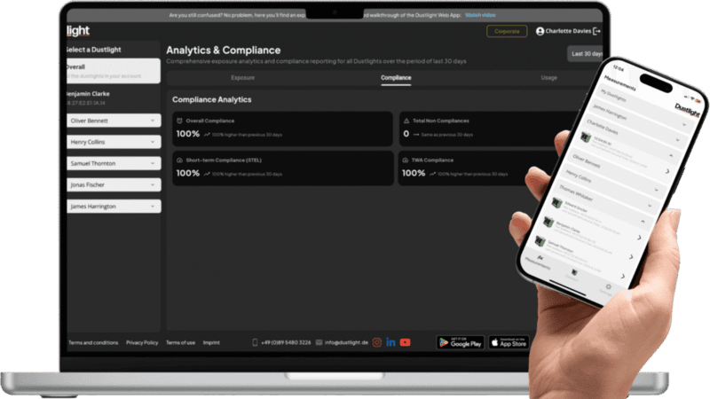 A laptop displaying the Dustlight analytics dashboard with compliance metrics, next to a smartphone showing the mobile app interface.