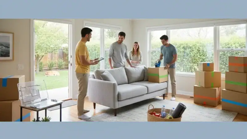 How to avoid the most stressful parts of moving: Denver movers packing and labeling boxes in a bright living room.
