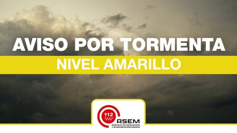 Mapa aviso amarillo tormentas en Madrid este viernes