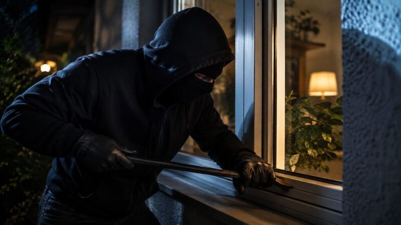 Masked burglary suspect entering a home through a window at night representing burglary charges defended by Jason Ronis Law, a San Diego burglary defense attorney.