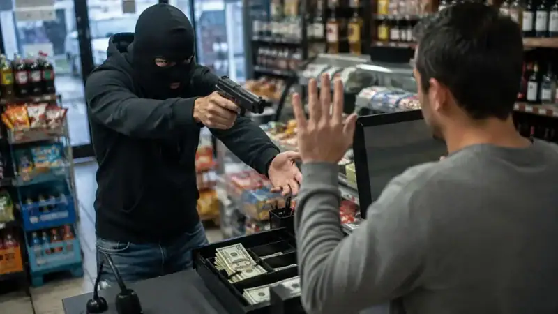 Convenience store robbery scene highlighting the importance of hiring an experienced San Diego Robbery Defense Attorney for felony robbery and criminal defense cases.