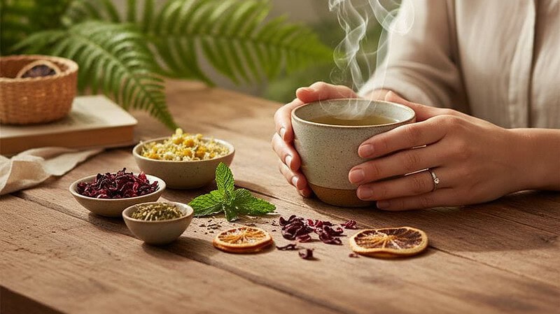 Natural herbal tea and green tea for relaxation, wellness and health benefits compared