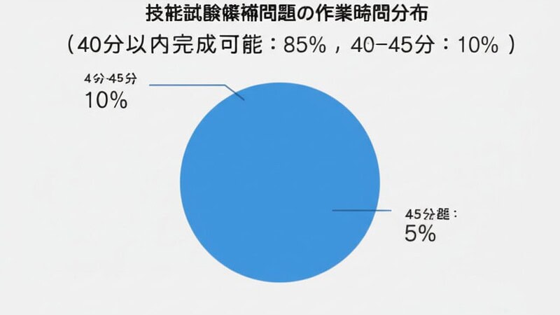技能試験候補問題の作業時間分布（40分以内完成可能:85%, 40-45分:10%, 45分超:5%）