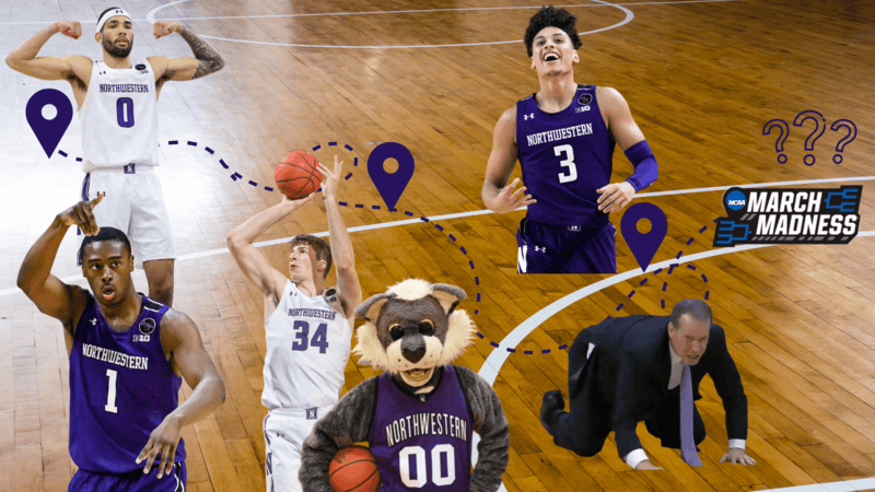 Road map with pictures of Northwestern basketball players