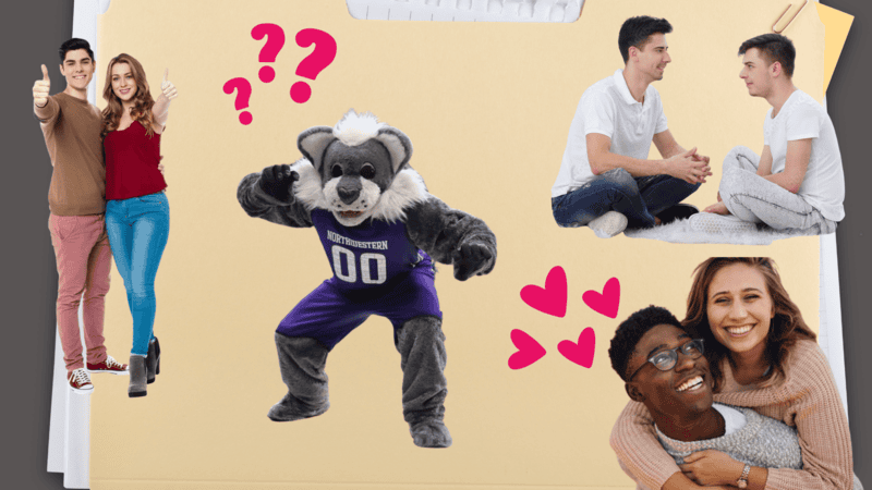 Willie the Wildcat poses alongside several happy couples.