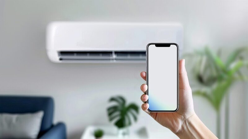 Darstellung einer Hand, die ein Smartphone vor eine Klimaanlage hält.