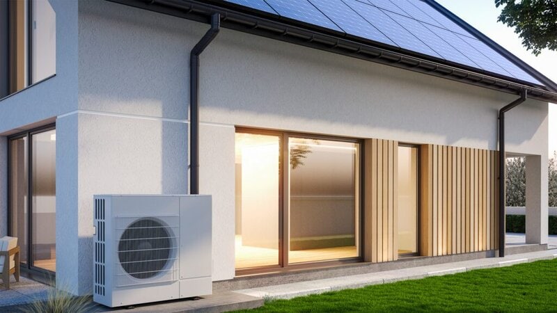 Darstellung eines modernen Hauses mit Wärmepumpe an der Wand und PV-Modulen auf dem Dach.