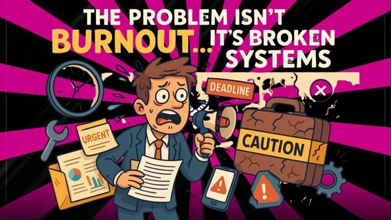 Cartoon-style digital illustration of a chaotic office with papers flying, burnt-out team members, and broken systems represented by tangled wires and alarms