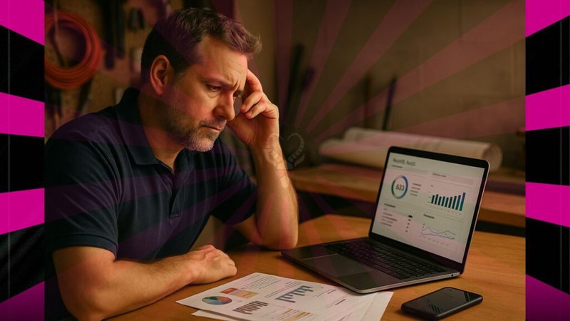 Frustrated home service business owner reviewing website audit report on laptop