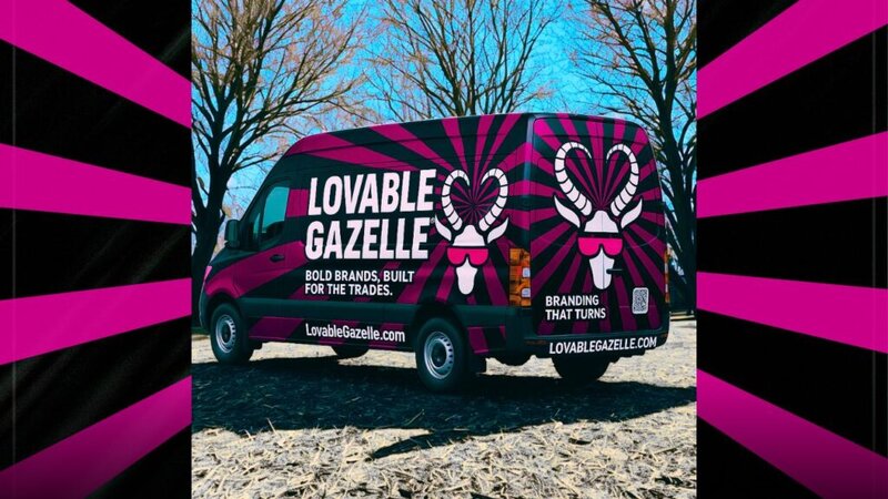 Lovable Gazelle branded truck showcasing bold vehicle branding with pink and black design, demonstrating professional truck marketing for trades businesses